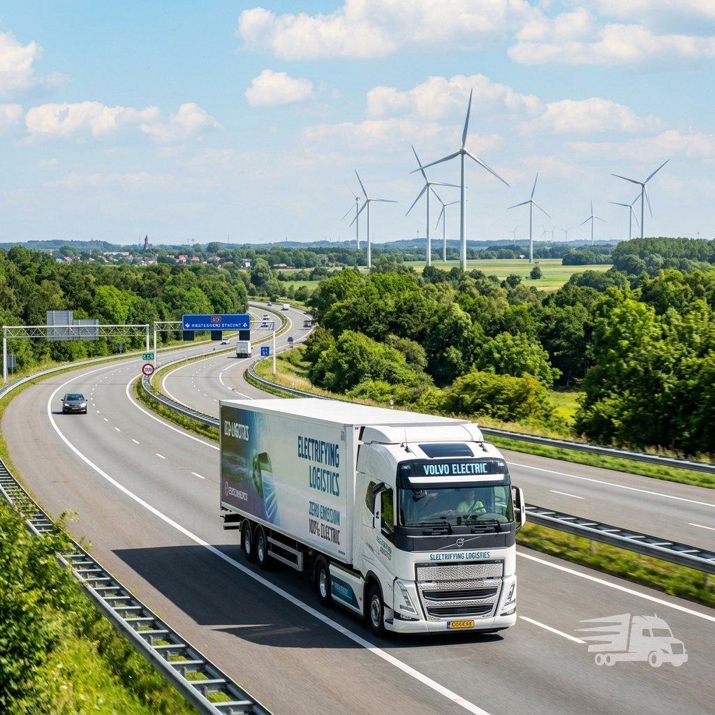 Зелена логістика та електропричепи 2026 Сучасна електрична вантажівка з логотипом CarGoPro їде по дорозі під час заходу сонця