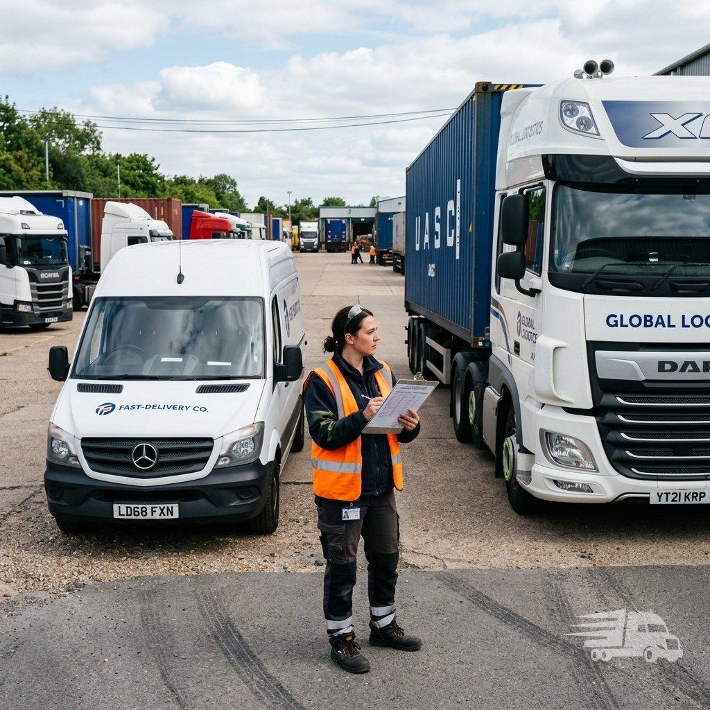 Вибір вантажного автомобіля для логістики Ряд сучасних вантажних автомобілів різних типів на парковці логістичного центру